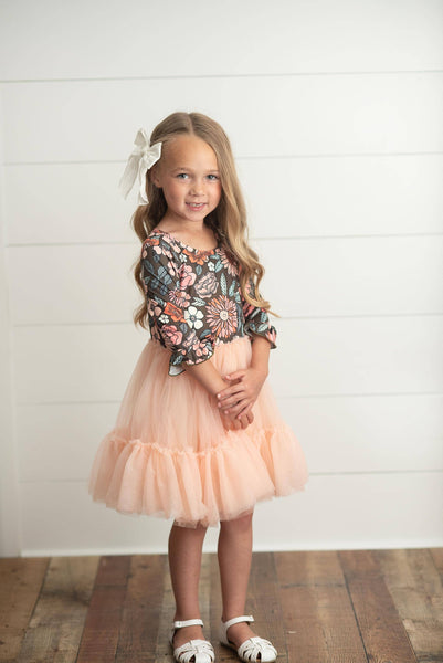 Kids Brown & Peach Vintage Floral Tulle Fall Dress