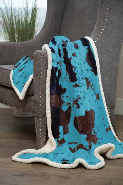 Turquoise Cowhide Sherpa Throw Blanket