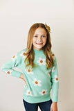 Kids Mint Teal Flower Crew Neck Fall Winter Sweater