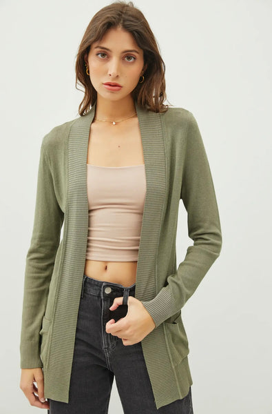 Cotton Blend Knit Open Front Cardigan - Olive