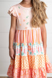 Girls Ava Peach Retro Floral Tiered Spring Easter Dress