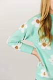 Kids Mint Teal Flower Crew Neck Fall Winter Sweater