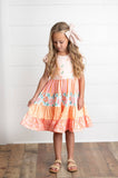 Girls Ava Peach Retro Floral Tiered Spring Easter Dress