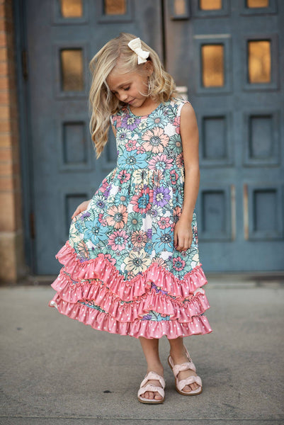 Kids Pastel Floral 3 Ruffle Spring Summer Easter Dress