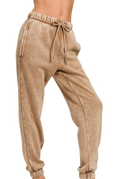 Camel acid wash sweatpants with pockets