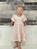 Girls Emma Pink Spring Daisy Flutter Sleeve Twirl Dress