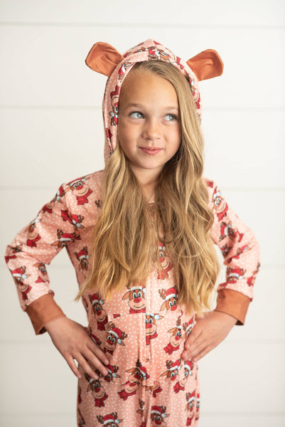 Kids Pink Christmas Holiday Reindeer Zipper Onesie Set