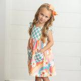 Kids Rainbow Retro Check Daisy Pocket Twirl Spring Dress