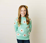 Kids Mint Teal Flower Crew Neck Fall Winter Sweater