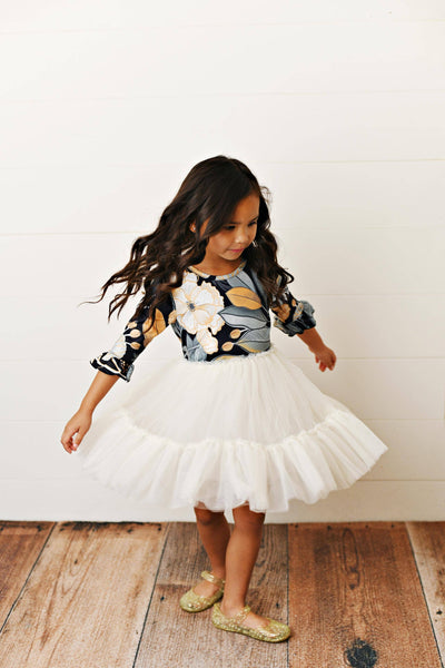 Kids Black & Cream Modern Floral Tulle Fall Winter Dress