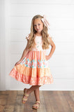 Girls Ava Peach Retro Floral Tiered Spring Easter Dress