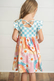 Kids Rainbow Retro Check Daisy Pocket Twirl Spring Dress